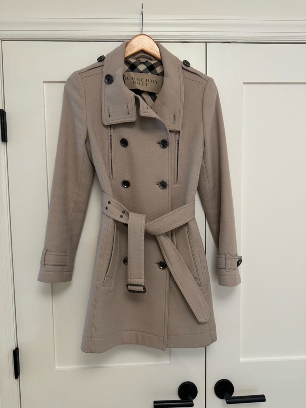 Burberry Taupe Double-Breasted Belted Trench Coat